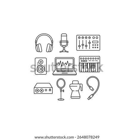 Minimalist black and white line art of 9 music studio tools: headphones, mic, mixer, monitor, laptop, keyboard, audio interface, pop filter, and cable. Perfect for audio-themed designs.