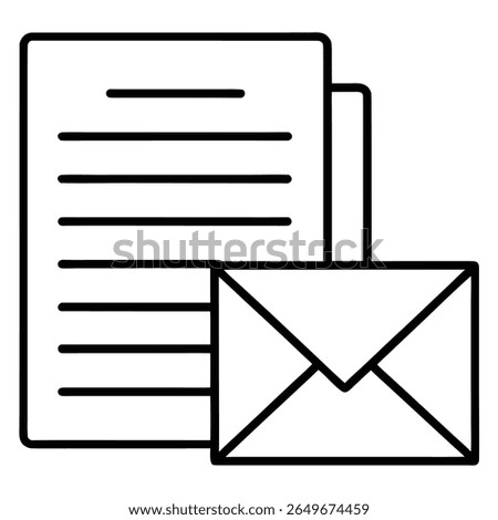 A minimalist black and white line art icon features a document with several horizontal lines representing text, positioned behind and slightly to the left of a closed envelope.