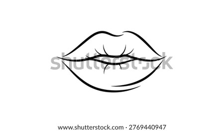 Minimalist black and white line art of a pair of lips depicting a soft and sensual expression on a white background.