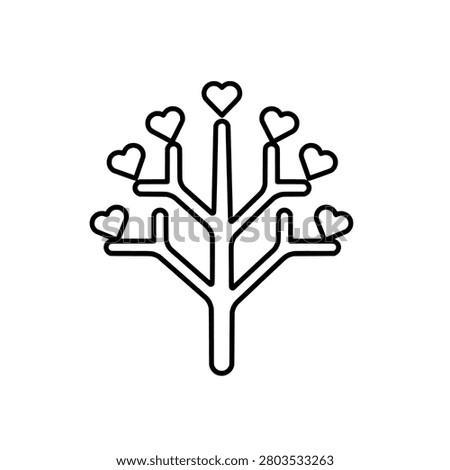 A minimalist black and white line art illustration of a tree featuring heart-shaped leaves on its branches, symbolizing love, nature, and growth.