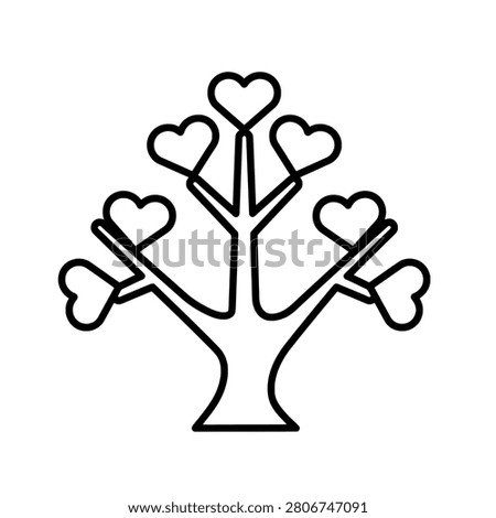 A minimalist black and white line art illustration of a tree where the leaves are shaped like hearts, symbolizing love and nature.