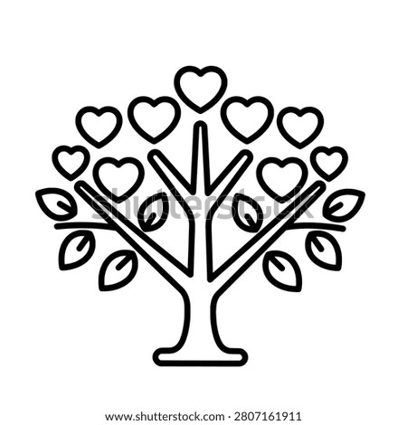 A minimalist black and white line art illustration of a tree featuring heart-shaped leaves, symbolizing love, growth, and nature.