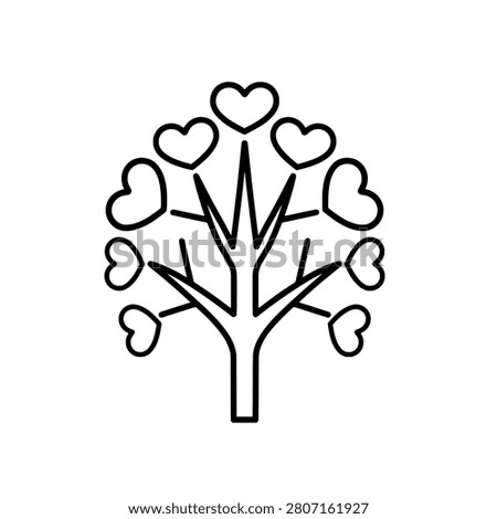 A minimalist black and white line art illustration of a tree featuring heart-shaped leaves, symbolizing love, growth, and nature.