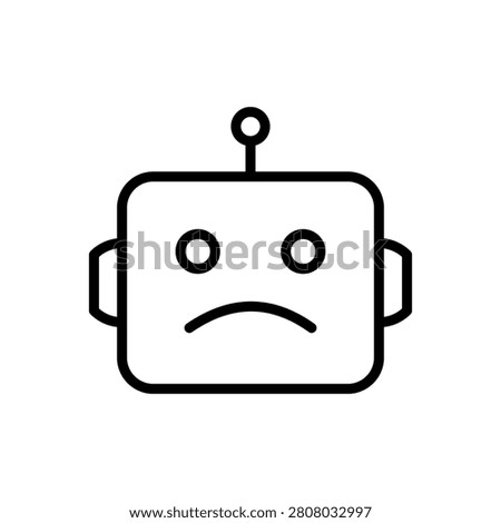 A minimalist black and white line art icon depicting a sad robot face with an antenna.