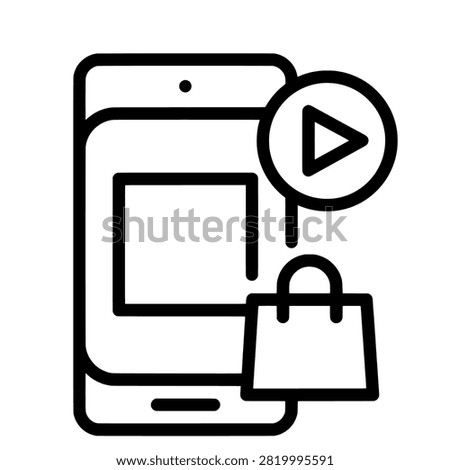 A minimalist black and white line art icon depicting a smartphone with a play button and a shopping bag, representing mobile video commerce.