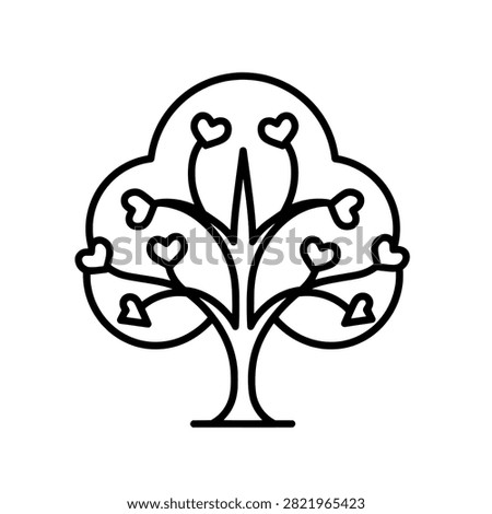 A minimalist black and white line art illustration of a tree featuring heart-shaped leaves, symbolizing love, nature, and growth.