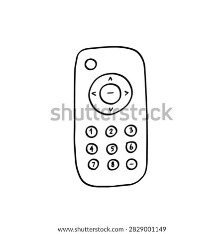 A minimalist black and white line art illustration of a television remote control with numbered buttons and directional navigation keys.