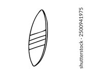 A minimalist black and white line drawing of a surfboard. Perfect for beach-themed designs, surfing icons, or summer illustrations