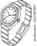 A minimalist, black and white line drawing of a classic wristwatch with a metal band. The watch face displays simple hour markers and hands, with a visible clasp mechanism.
