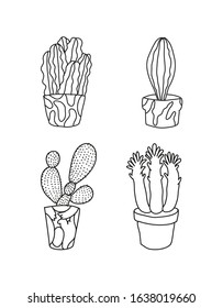 Minimalist black and white line drawing with potted cactuses. Succulent plant illustration. Opuntia and other cactuses.