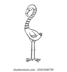 A minimalist black and white line drawing of an elegant flamingo standing tall with its curved neck and slender legs, showcasing the bird's graceful and exotic nature.