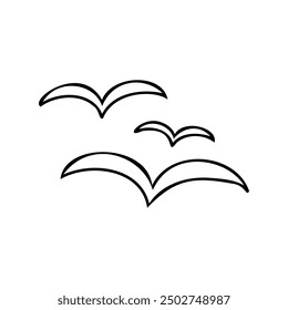 A minimalist black and white line drawing of three flying birds. Ideal for designs related to freedom, nature, or abstract elements in various creative projects