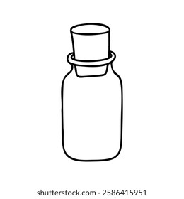 Minimalist black and white line drawing of a small glass bottle with a cork stopper. Perfect for designs related to apothecary, potions, essential oils, alchemy, and vintage-style packaging