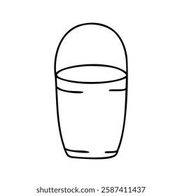 Minimalist black and white line drawing of a bucket with a handle. Simple doodle-style illustration represent cleaning, gardening, farming, household chores, DIY projects, or rustic countryside themes