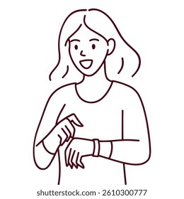Minimalist black and white line drawing of a woman checking a fitness tracker or smartwatch, symbolizing tech and health awareness