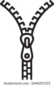 A minimalist black and white line drawing of an open zipper, commonly used for clothing and various accessories.
