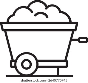 A minimalist black and white line drawing of a mining cart filled with material, showcasing a simple and clean design.