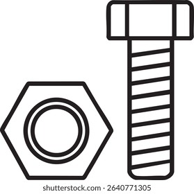 A minimalist black and white line drawing of a bolt and a nut, commonly used for fastening objects.