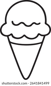 A minimalist black and white line drawing of a single scoop ice cream cone with a classic waffle cone.