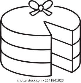 A minimalist black and white line drawing of a three tiered cake with a slice removed and topped with a bow.