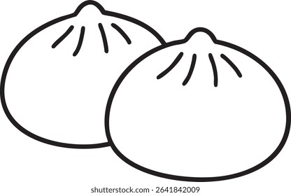 A minimalist black and white line drawing of two steamed buns, a type of Asian cuisine.