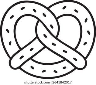 A minimalist, black and white line drawing of a pretzel, highlighted by small salt grain details on a white background.