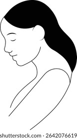 A minimalist, black and white line drawing of a woman's profile.