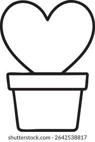 A minimalist black and white line drawing of a heart shaped plant growing in a pot.