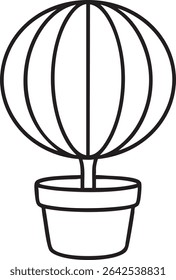A minimalist black and white line drawing of a topiary plant in a pot, featuring a spherical crown.