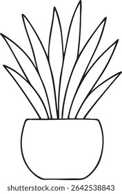 A minimalist black and white line drawing of a potted plant with long, pointed leaves in a round pot.
