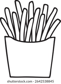A minimalist, black and white line drawing of french fries in a container, set against a plain white background.