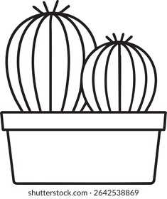 A minimalist black and white line drawing of two round cacti in a rectangular pot.