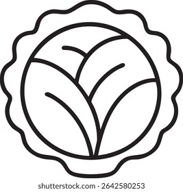 Um desenho minimalista de linha preta e branca de uma cabeça de repolho, mostrando as folhas onduladas externas e a estrutura da folha interna.