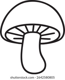 Um desenho minimalista em linha preta e branca de um cogumelo com um chapéu arredondado, brânquias visíveis e um caule liso.