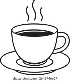 A minimalist black and white line drawing shows a steaming coffee cup resting on a saucer, isolated on a white background.