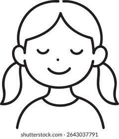 A minimalist black and white line drawing of a smiling girl with pigtails and closed eyes, facing forward.