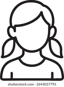 A minimalist black and white line drawing of a girl with two ponytails and a simple shirt.