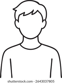 Um desenho minimalista de linha preta e branca da parte superior do corpo de uma pessoa, com cabelo curto e ausência de características faciais.