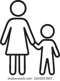 A minimalist black and white line drawing shows an adult figure holding hands with a smaller child figure.