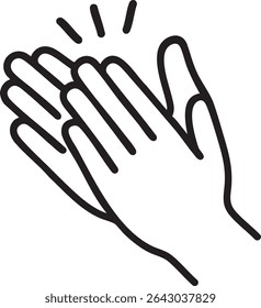 Um desenho minimalista em preto e branco mostra duas mãos batendo palmas, com linhas curtas indicando o som de aplausos.