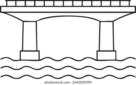 Um desenho minimalista de linha preta e branca representa uma ponte que se estende sobre a água, apoiada por dois pilares com uma grade de grade.