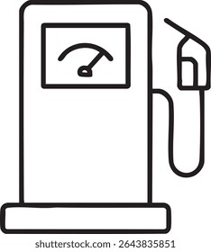 A minimalist, black and white line drawing of a gas pump, featuring a meter and a nozzle with an attached hose.