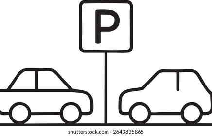 A minimalist black and white line drawing depicts a parking sign with the letter P and two cars.
