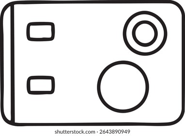 A minimalist black and white line drawing of an action camera, showcasing its basic features and design elements.