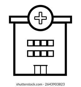 Um desenho minimalista de linha preta e branca de um edifício hospitalar com um sinal de cruz médica proeminente no topo, simbolizando serviços de saúde e instalações de tratamento médico.