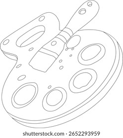Desenho minimalista de linha preta e branca de uma paleta de pintor com um pincel. Ideal para designs com temas artísticos, branding de estúdio criativo ou ilustrações de livros de colorir.