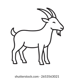 A minimalist, black and white line drawing of a goat. The goat is standing, facing right, with horns and a beard.