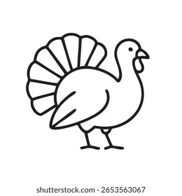 A minimalist, black and white line drawing of a turkey, perfect for Thanksgiving or autumn themed designs.