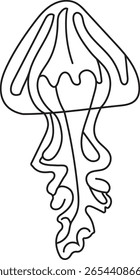 A minimalist black and white line drawing of a jellyfish. The abstract design features flowing lines that create the bell and tentacles of the marine creature.