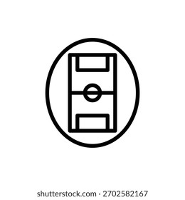 Um desenho minimalista de linha preta e branca de um campo de futebol com um círculo central, fechado dentro de uma forma oval. Linha de Futebol e Esporte Ícone. Clip-art vetorial isolado.